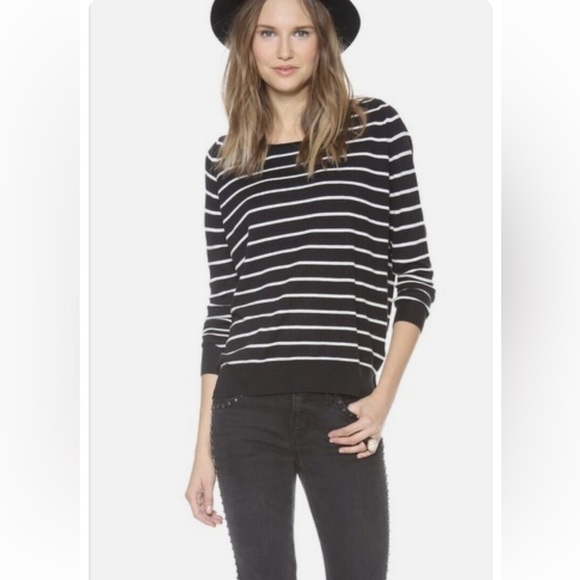 Joie “Emari' Striped wool blend scoop neck Sweater in black & white - Picture 1 of 5